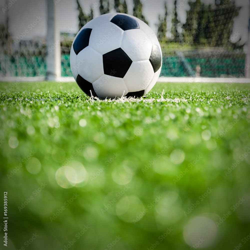 Soccer Football on the green grass of Soccer field.