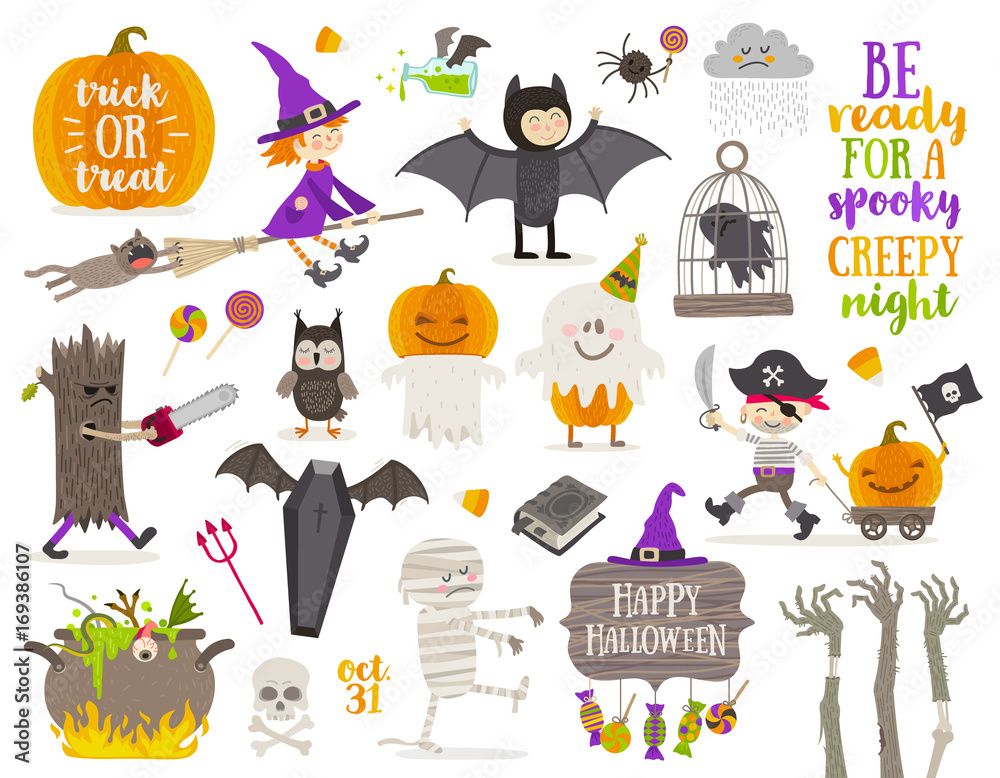 Fototapeta premium Set of halloween sign, symbol, objects, items and cartoon characters. Vector illustration.