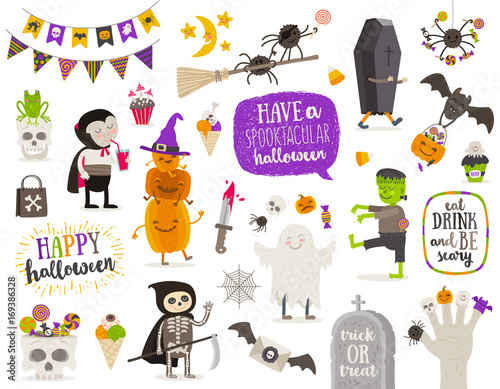Set of halloween sign, symbol, objects, items and cartoon characters. Vector illustration.