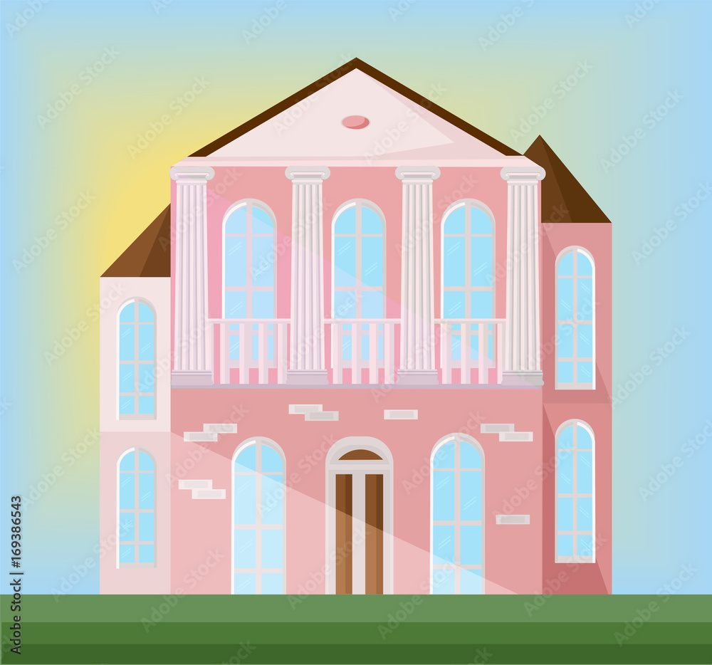 Classic architecture facade of a pink house. Vector illustration background Classic architecture facade of a pink house. Vector illustration background