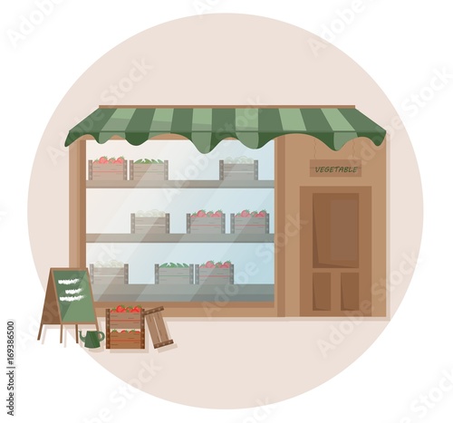 Fresh Grocery on a farm shelf store. Vector illustrations