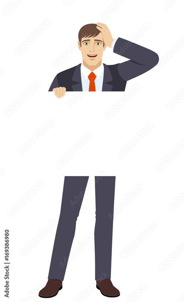 Businessman holding white blank poster and grabbed his head Businessman holding white blank poster and grabbed his head