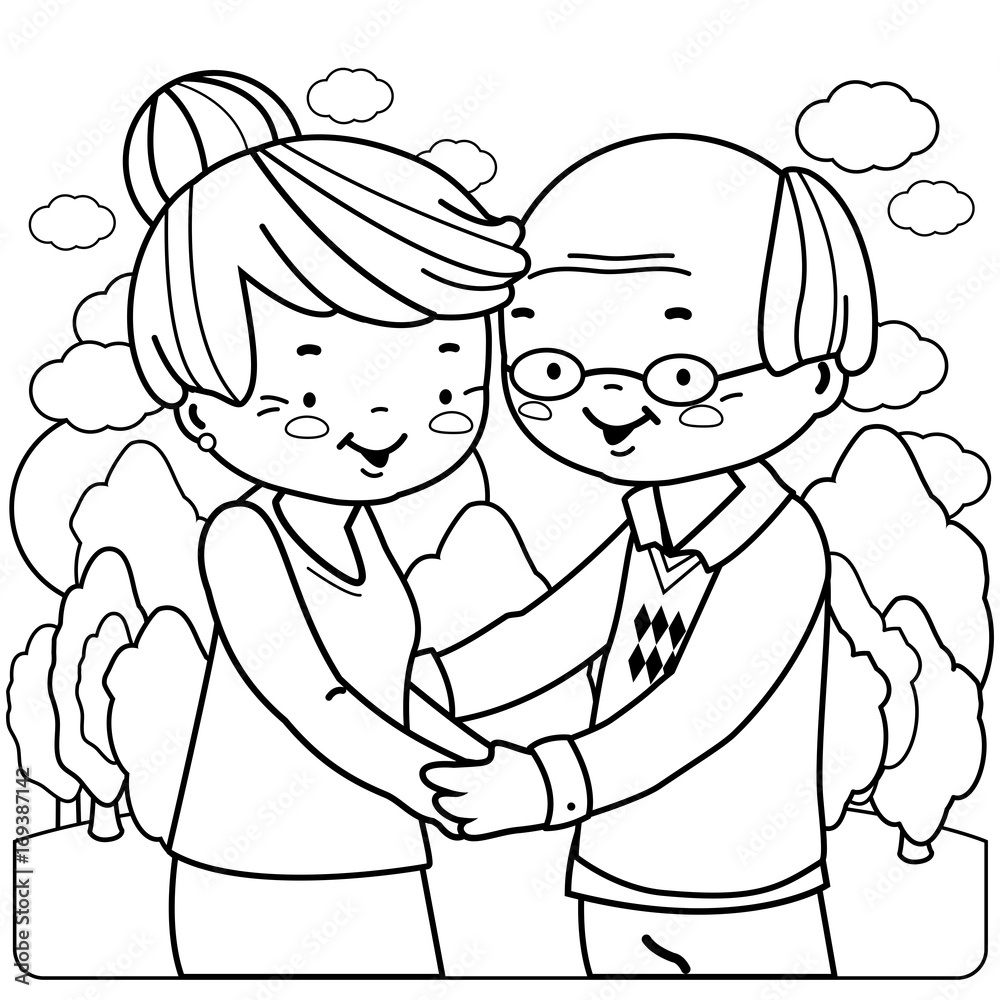 Obraz premium Senior couple at the park. Vector black and white coloring page. 