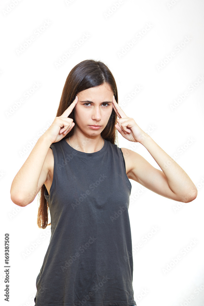 Closeup portrait of a beautiful young upset sad depressed and worried brunette woman holding Closeup portrait of a beautiful young upset sad depressed and worried brunette woman holding