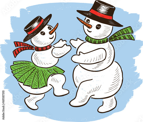Cheerful snowmen are dancing in christmas time