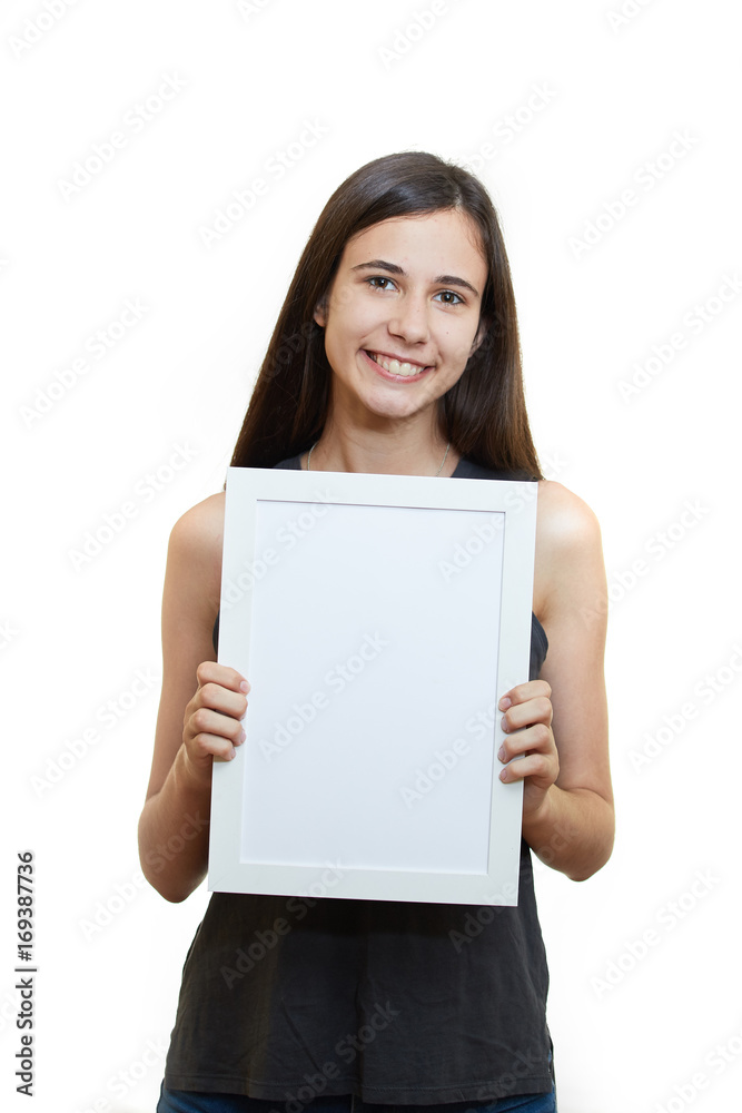 Woman hold white paper banner isolated over white background business girl Woman hold white paper banner isolated over white background business girl