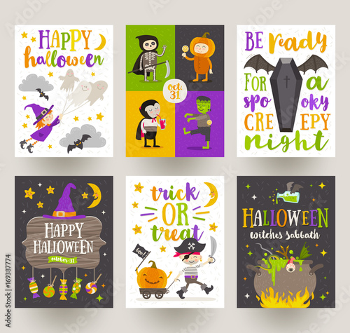 Set of Halloween posters or greeting card with cartoon characters, holiday sign, symbols and type design. Vector illustration.