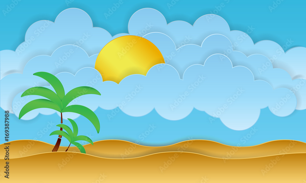 summer vector design with sun, palm tree, beach and sea - vector illustration


