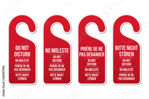 Do not disturb door hotel signs. Different languages. Door hanger. Classic design
