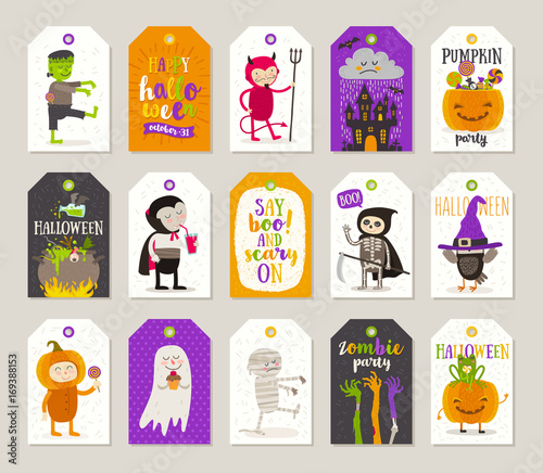 Set of Halloween gift tags and labels with cartoon characters, greetings, holiday sign and symbol. Vector illustration.