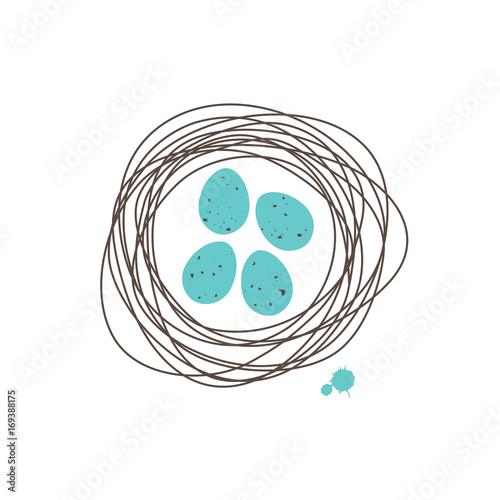 Bird nest with turquoise spoted eggs on white background. Doodling. Robin eggs. Family and kids concept