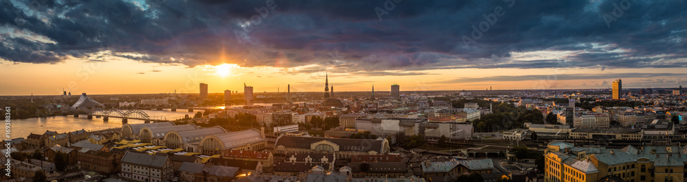 Panorama of the city from the top, Riga in sunset light, Latvia