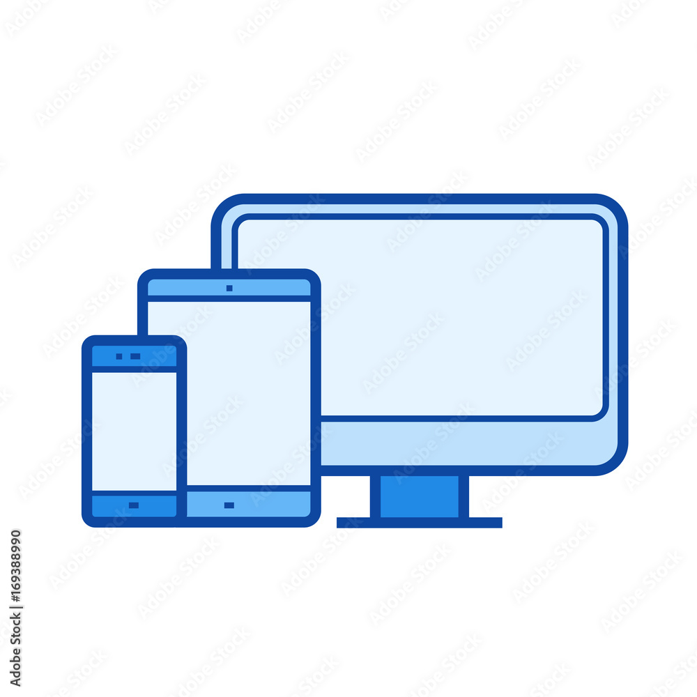 Adaptive web design vector line icon isolated on white background. Adaptive web design line icon for infographic, website or app. Blue icon designed on a grid system. Adaptive web design vector line icon isolated on white background. Adaptive web design line icon for infographic, website or app. Blue icon designed on a grid system.