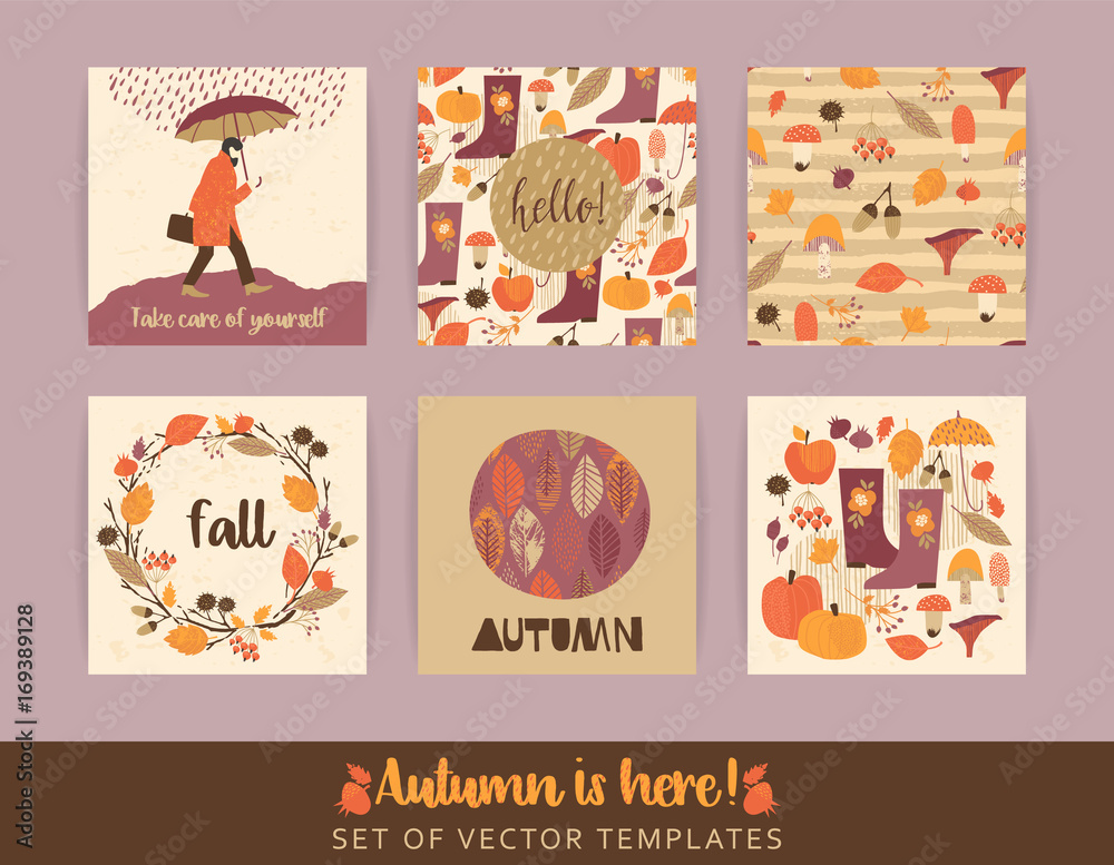 Set of artistic creative autumn cards.