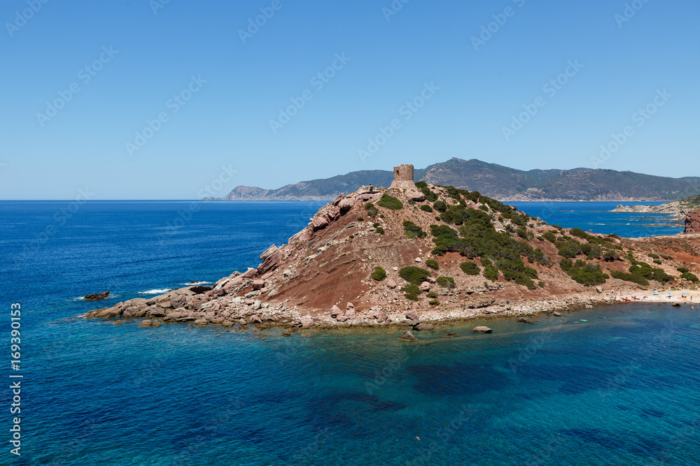 Fototapeta premium Beach and tower of Porticciolo, Cala Porticciolo, Sardaigne