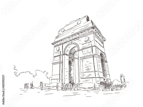 Hand drawn sketch illustration of India Gate, 42 meter high, eastern end of the Rajpath, New Delhi, Delhi, India, Asia in vector.