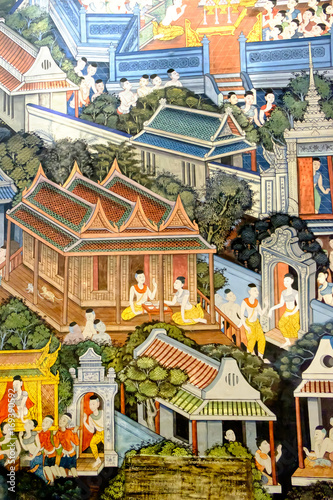 Ancient Buddhist temple mural painting of the life of Buddha inside of Wat Pho in Bangkok, Thailand