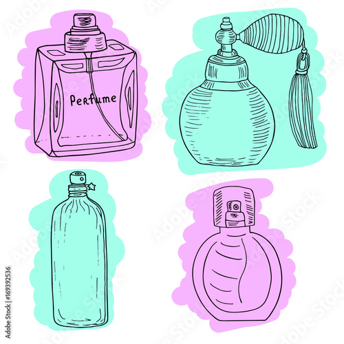 Perfume bottles with colorful brushstrokes. Vector set. Hand drawn collection.