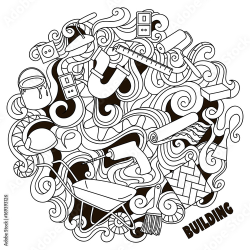 Cartoon cute doodles hand drawn Building illustration. Black and white detailed, with lots of objects background.