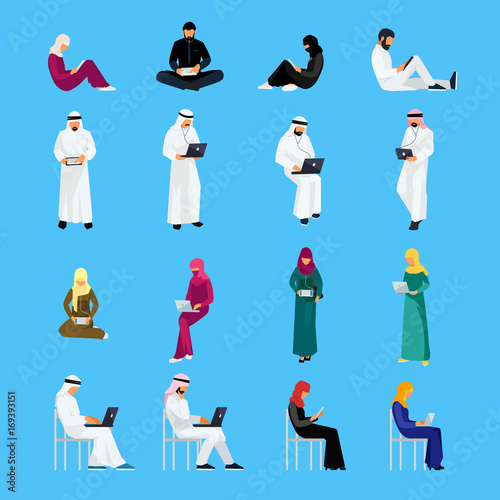 Set of Muslim people in a flat style isolated on a blue background.