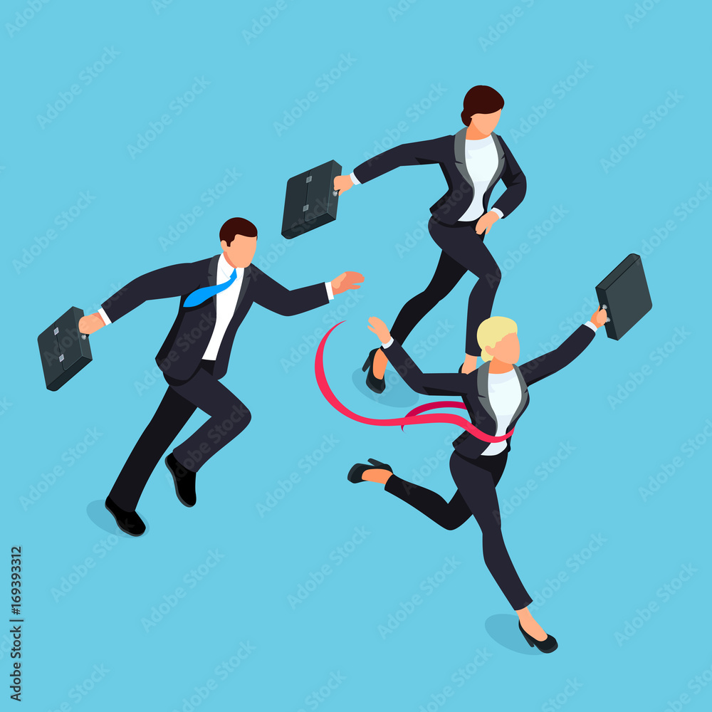 Running businessmen isolated on blue background.