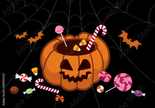 Halloween Pumpkin vector. Pumpkin with sweets. Pumpkin background for halloween