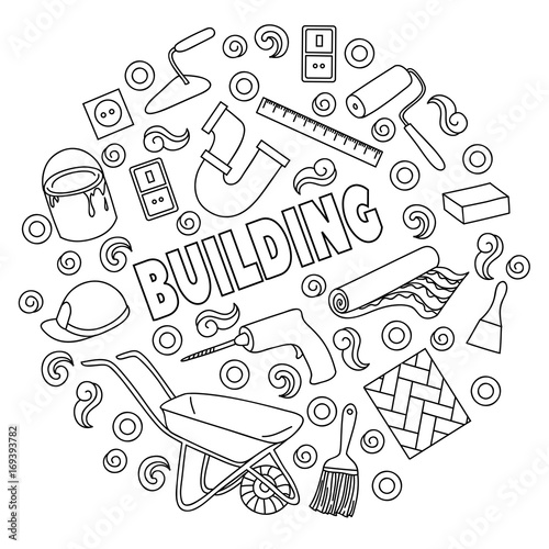 Cartoon cute doodles hand drawn Building illustration  isolated black and white icons