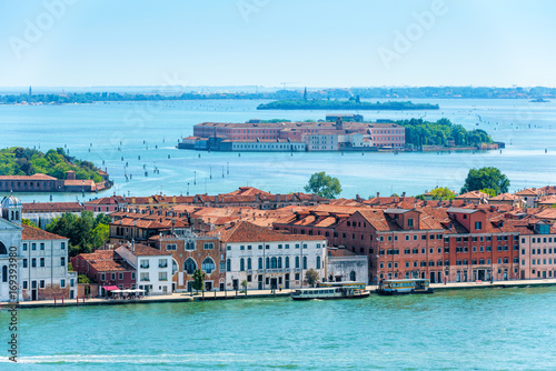 Aerial view of Venice, Italy. Panorama of islands in sea, landscape of marine city.
