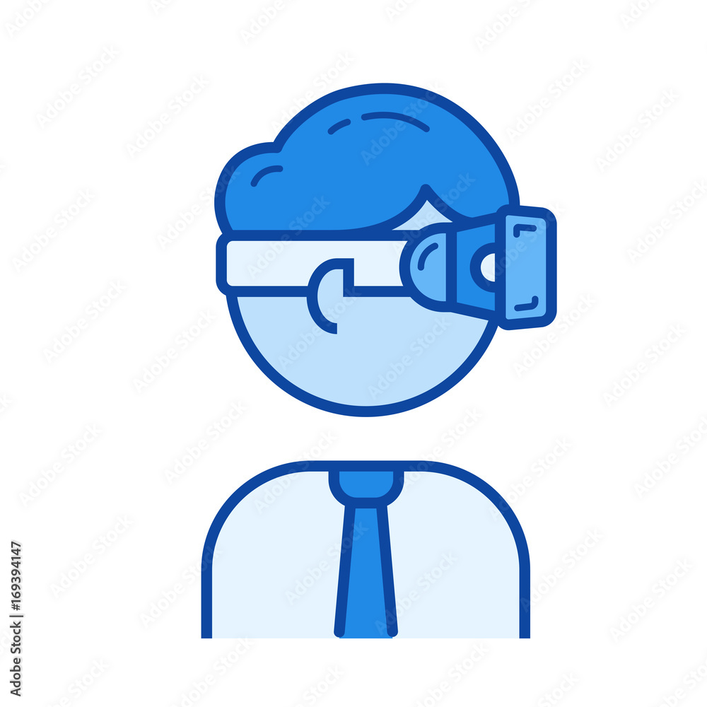 Augmented reality glasses vector line icon isolated on white background. Augmented reality glasses line icon for infographic, website or app. Blue icon designed on a grid system. Augmented reality glasses vector line icon isolated on white background. Augmented reality glasses line icon for infographic, website or app. Blue icon designed on a grid system.