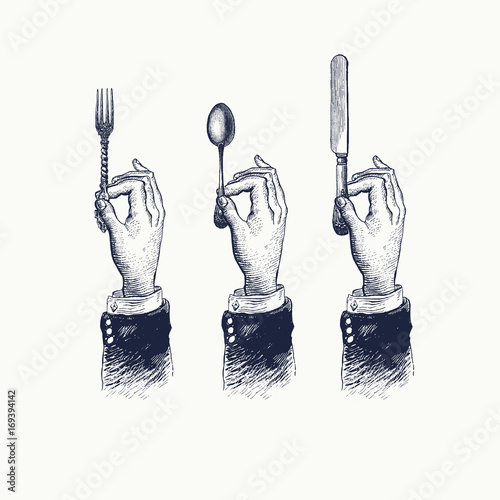 Hands with cutleries. Spoon, fork and knife. Vintage stylized drawing. Vector illustration in a retro woodcut style