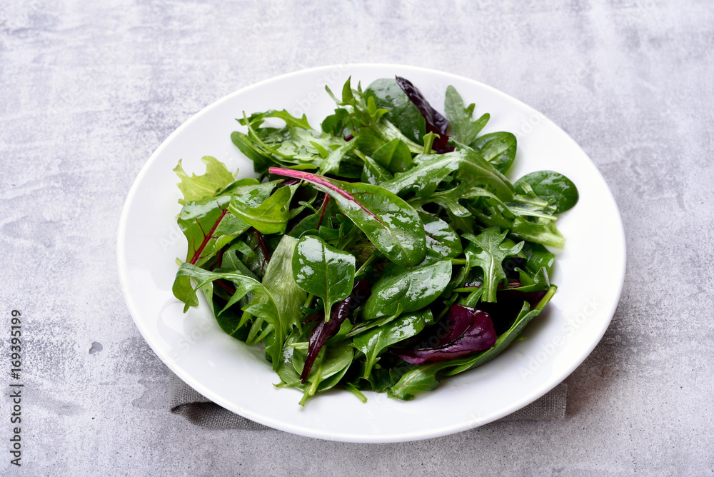 Salad with mixed leaves of arugula, mesclun, spinach Salad with mixed leaves of arugula, mesclun, spinach