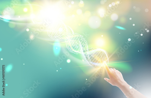 Science touching DNA. Gene engineering and manipulation concept. The hand is changing part of a DNA molecule. Vector illustration.