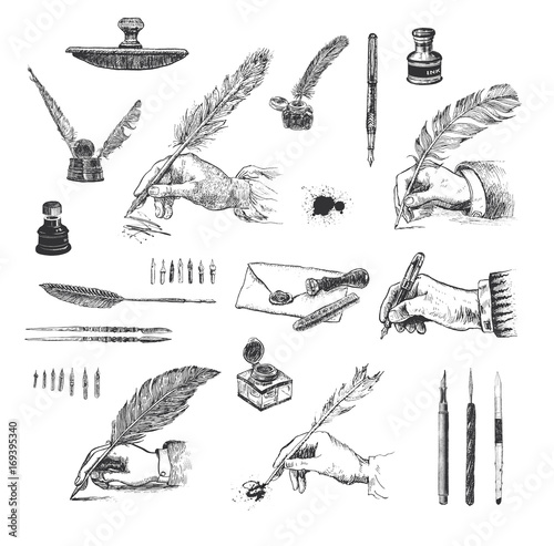 Vintage Hand drawn hands writing with a feather pen. Vector set, engraving style. Inkwells, writing and calligraphical tools, paperweight, penknives, envelope, wafer, stylus, pens, ink blots