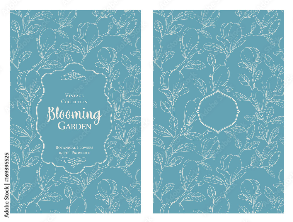 Fototapeta premium Invitation card with flowers. Blossom magnolia for you personal cover. Magnolia pattern. Floral theme for book cover. Botanical texture illustration in style of engraving. Vector illustration.