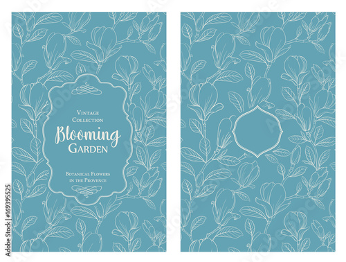 Invitation card with flowers. Blossom magnolia for you personal cover. Magnolia pattern. Floral theme for book cover. Botanical texture illustration in style of engraving. Vector illustration.