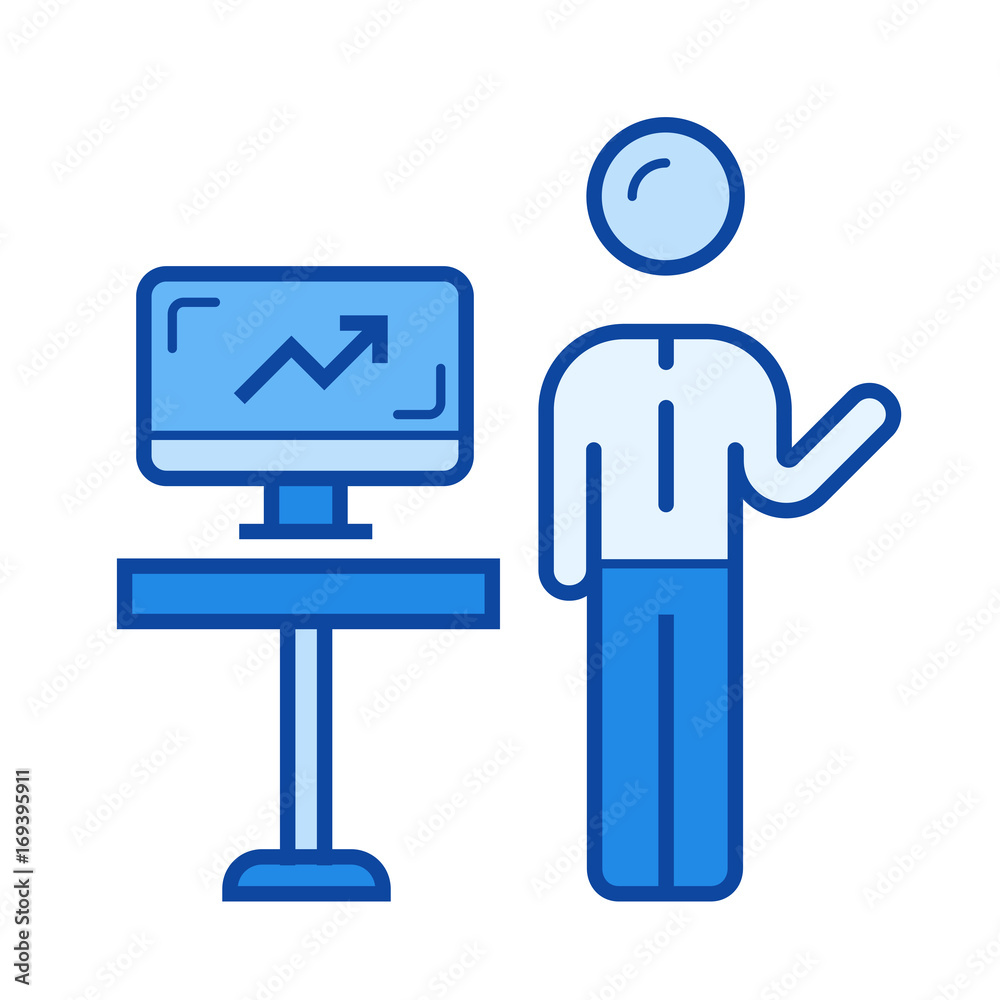Global presentation vector line icon isolated on white background. Global presentation line icon for infographic, website or app. Blue icon designed on a grid system. Global presentation vector line icon isolated on white background. Global presentation line icon for infographic, website or app. Blue icon designed on a grid system.