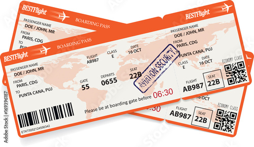 Vector illustration of orange pattern of a boarding pass or air ticket with map of world on background