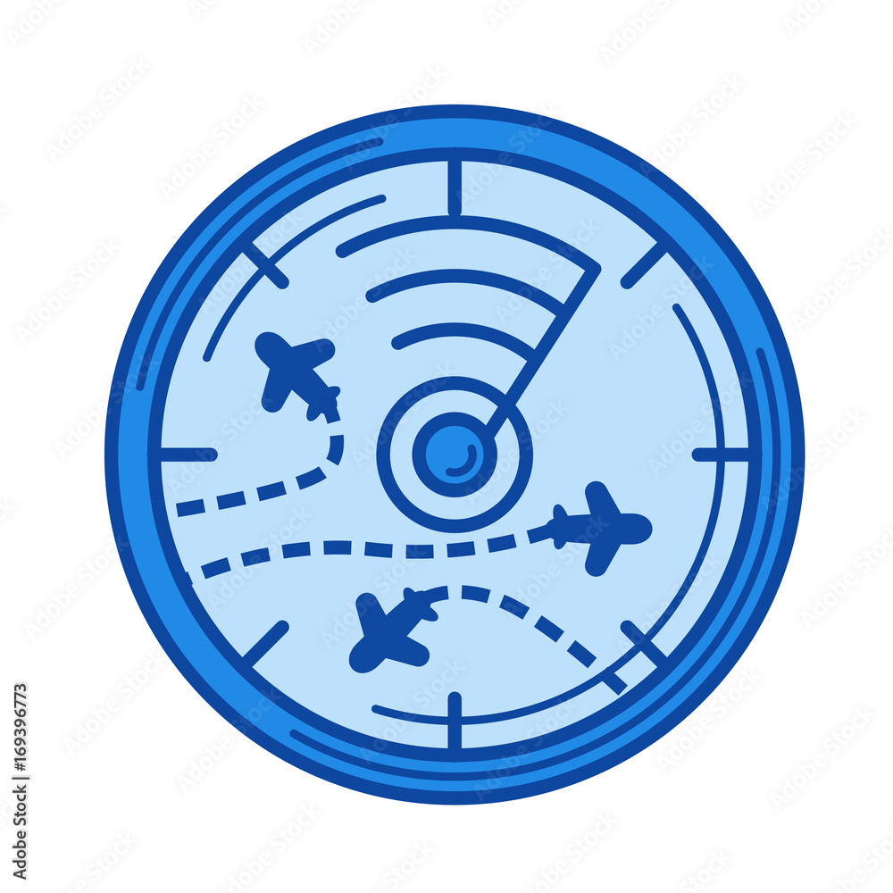 Flight radar vector line icon isolated on white background. Flight radar line icon for infographic, website or app. Blue icon designed on a grid system. Flight radar vector line icon isolated on white background. Flight radar line icon for infographic, website or app. Blue icon designed on a grid system.