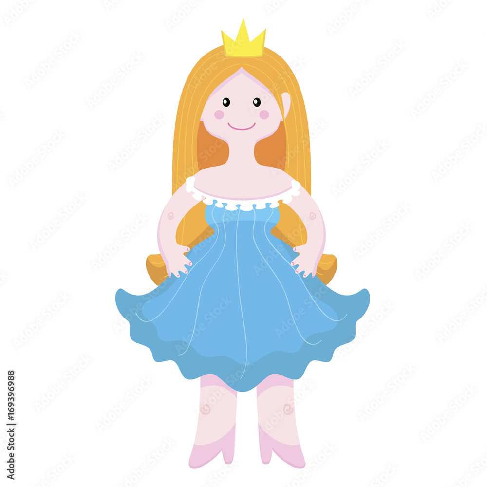 Vector illustration of a cute fairy princess in a blue dress on white background