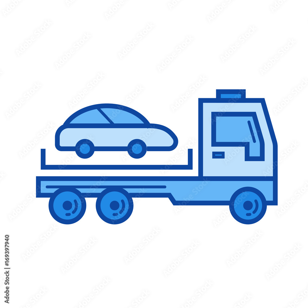 Tow truck vector line icon isolated on white background. Tow truck line icon for infographic, website or app. Blue icon designed on a grid system. Tow truck vector line icon isolated on white background. Tow truck line icon for infographic, website or app. Blue icon designed on a grid system.
