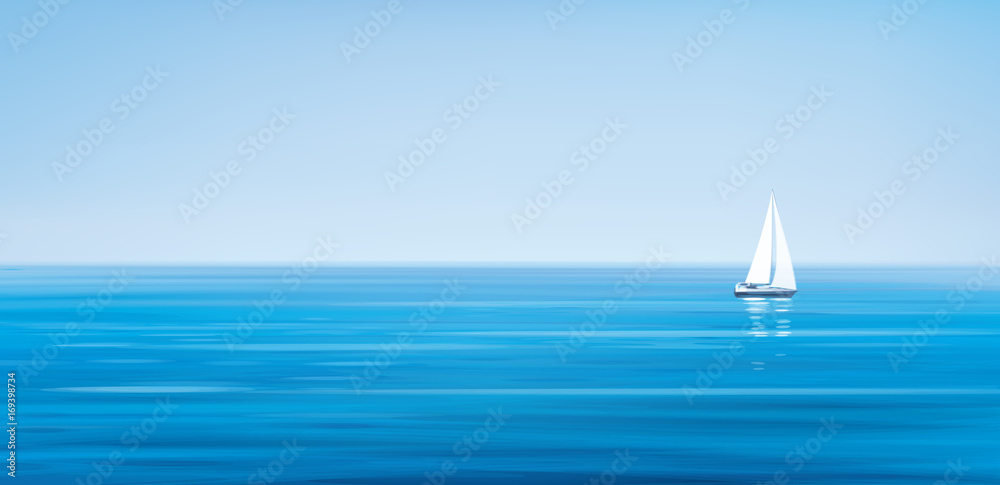 Naklejka premium Wektorowy błękitny morze, nieba tło i jacht.