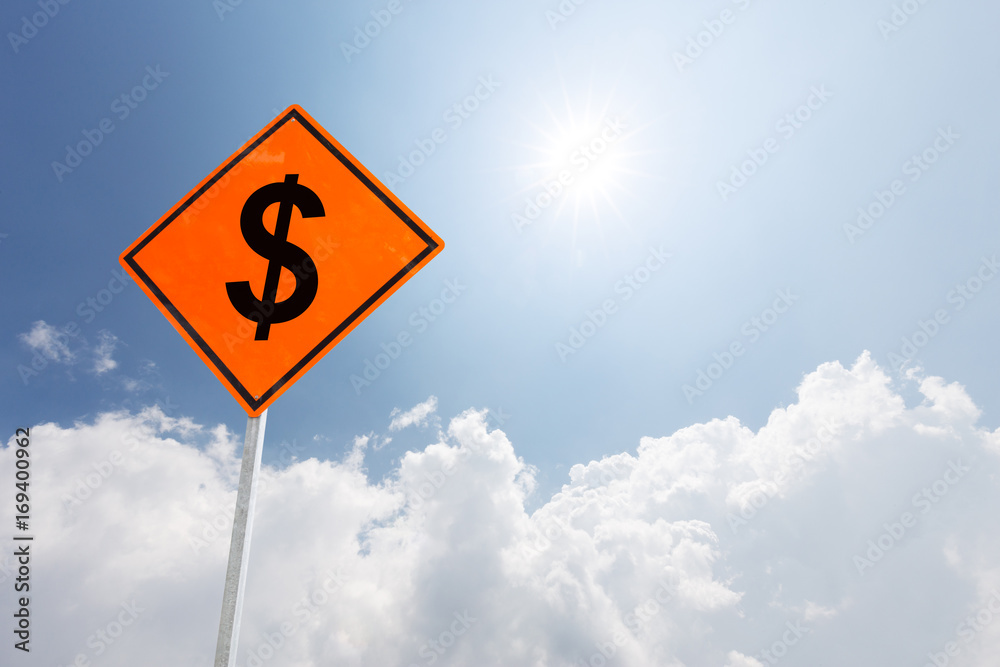 orange diamond traffic sign dollar in blue sunny sky orange diamond traffic sign dollar in blue sunny sky