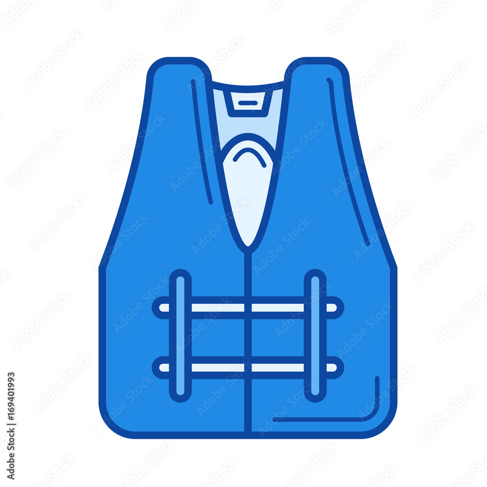 Safety jacket vector line icon isolated on white background. Safety jacket line icon for infographic, website or app. Blue icon designed on a grid system. Safety jacket vector line icon isolated on white background. Safety jacket line icon for infographic, website or app. Blue icon designed on a grid system.