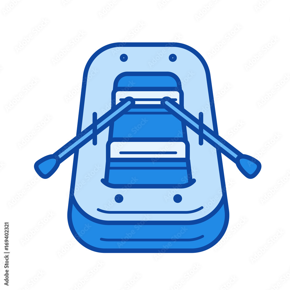 Rubber boat vector line icon isolated on white background. Rubber boat line icon for infographic, website or app. Blue icon designed on a grid system. Rubber boat vector line icon isolated on white background. Rubber boat line icon for infographic, website or app. Blue icon designed on a grid system.