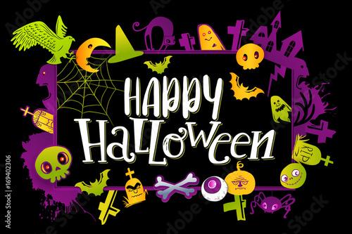 Color Happy Halloween horizontal banner with hand lettering greetings and sketch cartoon style horror characters. Vector illustration on yellow background. Pumpkin  skull  bird  bat  ghost  cat  grave