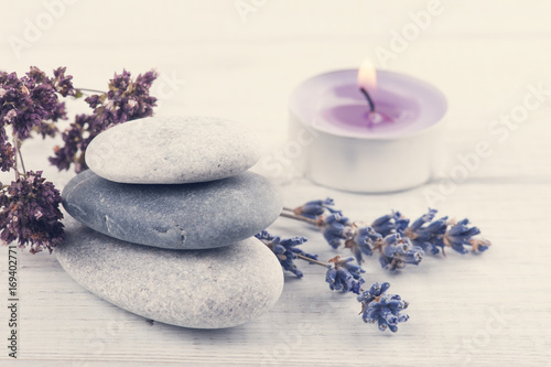 Stack of pebbles, lavender flower