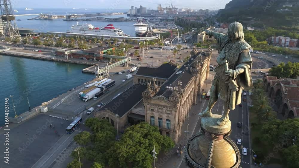 Aerial view of Columbus monument in Barcelona, summer day