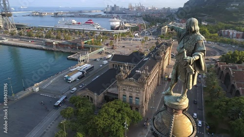 Aerial view of Columbus monument in Barcelona, summer day photo