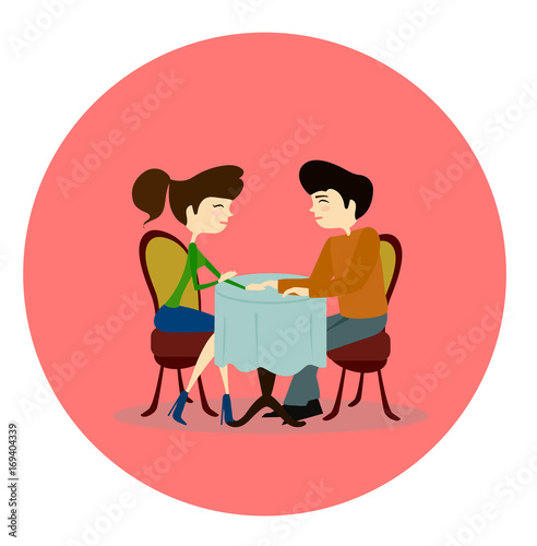 Illustration of a Man and Woman Asking Each Other Questions at a Speed Dating Event sitting by the table in a cafe