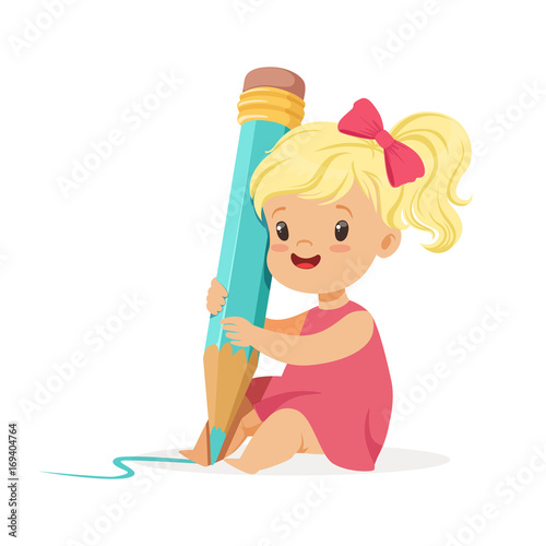 Cute blonde little girl sitting on the floor and writing with a giant blue pencil cartoon vector Illustration